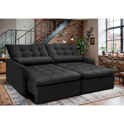 Sofá Sem Caixa Retrátil 1,80m SoftGel Celeste Velusoft Preto Cama inBox