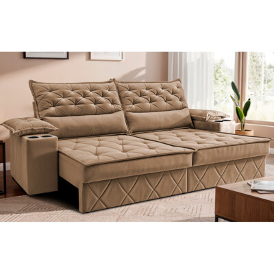 Sofá Retrátil e Reclinável 2,40m com Porta Copos e Molas Cosmos Velusoft Bege Cama inBox