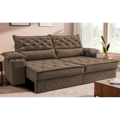 Sofá Retrátil e Reclinável 2,40m com Porta Copos e Molas Cosmos Velusoft Castor Cama inBox
