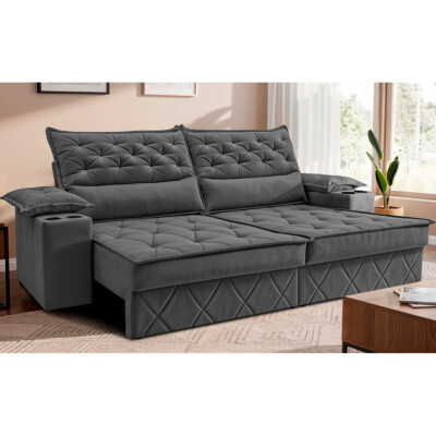 Sofá Retrátil e Reclinável 2,10m com Porta Copos e Molas Cosmos Velusoft Cinza Cama inBox