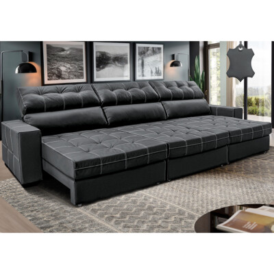 Sofá de Couro Legítimo Retrátil e Reclinável 3,85m Molas Ensacadas Cama inBox Majesty Cinza