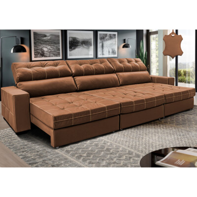 Sofá de Couro Legítimo Retrátil e Reclinável 3,55m Molas Ensacadas Cama inBox Majesty Mel