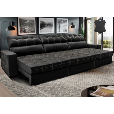 Sofá de Couro Legítimo Retrátil e Reclinável 3,55m Molas Ensacadas Cama inBox Majesty Preto