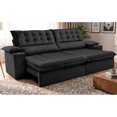 Sofá Retrátil e Reclinável 2,60m Molas Ensacadas Dream Velusoft Preto Cama inBox