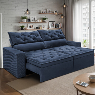 Sofá Retrátil e Reclinável 2,30m Essence Velusoft Azul Cama inBox