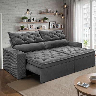 Sofá Retrátil e Reclinável 2,00m Essence Velusoft Cinza Cama inBox