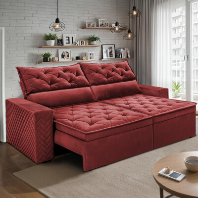 Sofá Retrátil e Reclinável 2,30m Essence Velusoft Vermelho Cama inBox