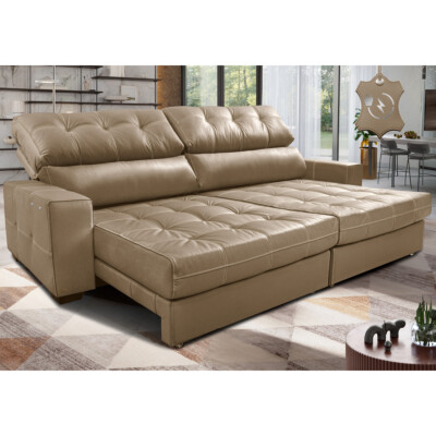 Sofá de Couro Elétrico Retrátil 2,15m Molas Ensacadas Cama inBox Gran Majesty Bege