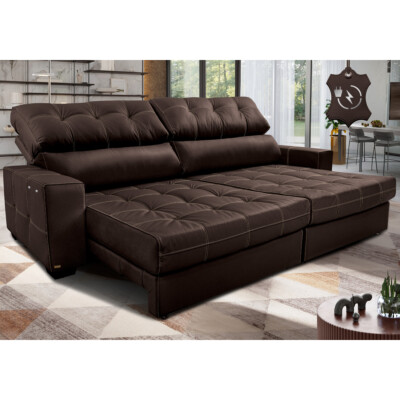 Sofá de Couro Elétrico Retrátil 2,95m Molas Ensacadas Cama inBox Gran Majesty Marrom