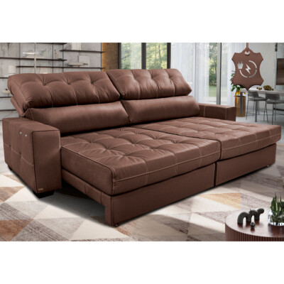 Sofá de Couro Elétrico Retrátil 2,15m Molas Ensacadas Cama inBox Gran Majesty Caramelo