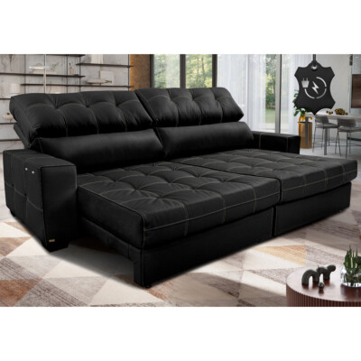 Sofá de Couro Elétrico Retrátil 2,95m Molas Ensacadas Cama inBox Gran Majesty Preto
