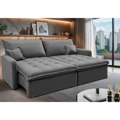 Sofá Sem Caixa Retrátil 1,80m SoftGel Luna Velusoft Cinza Cama inBox