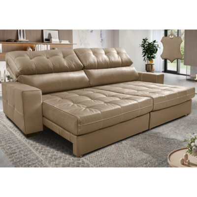Sofá de Couro Legítimo Retrátil e Reclinável 2,95m Molas Ensacadas Cama inBox Majesty Bege