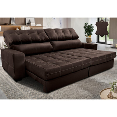 Sofá de Couro Legítimo Retrátil e Reclinável 2,95m Molas Ensacadas Cama inBox Majesty Marrom