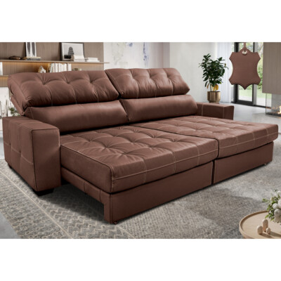 Sofá de Couro Legítimo Retrátil e Reclinável 2,95m Molas Ensacadas Cama inBox Majesty Caramelo