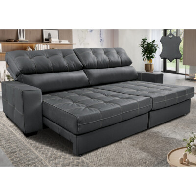 Sofá de Couro Legítimo Retrátil e Reclinável 2,75m Molas Ensacadas Cama inBox Majesty Cinza