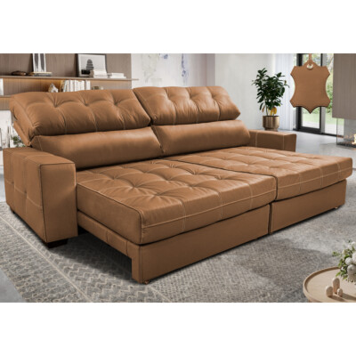 Sofá de Couro Legítimo Retrátil e Reclinável 2,95m Molas Ensacadas Cama inBox Majesty Mel