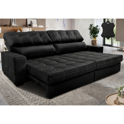 Sofá de Couro Legítimo Retrátil e Reclinável 2,15m Cama inBox Majesty SoftGel D40 Preto