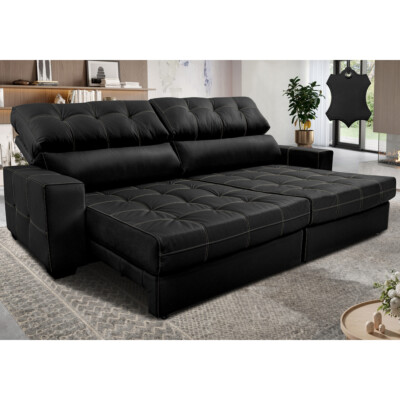Sofá de Couro Legítimo Retrátil e Reclinável 2,75m Molas Ensacadas Cama inBox Majesty Preto