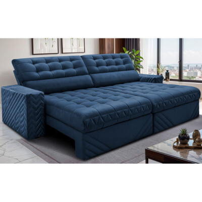 Sofá Retrátil e Reclinável 3,00m Molas Ensacadas Max Spring Velusoft Azul Cama inBox