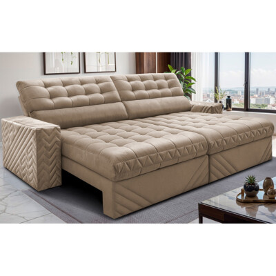 Sofá Retrátil e Reclinável 3,00m Molas Ensacadas Max Spring Velusoft Bege Cama inBox