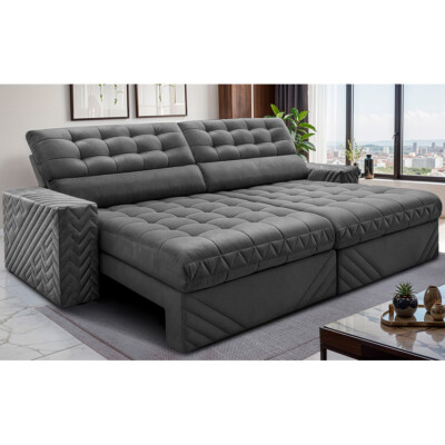Sofá Retrátil e Reclinável 3,00m Molas Ensacadas Max Spring Velusoft Cinza Cama inBox