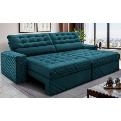 Sofá Retrátil e Reclinável 2,70m Molas Ensacadas Max Spring Velusoft Petróleo Cama inBox