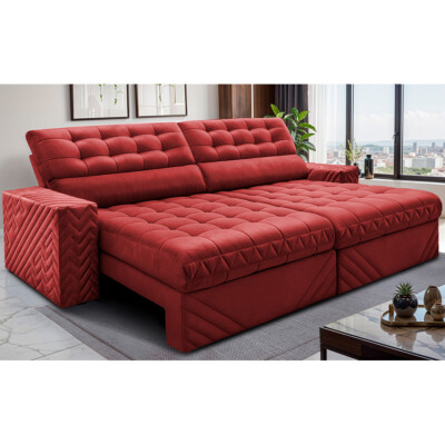 Sofá Retrátil e Reclinável 2,70m Molas Ensacadas Max Spring Velusoft Vermelho Cama inBox
