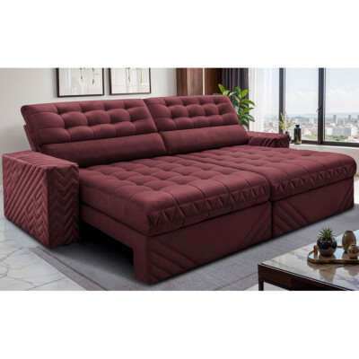 Sofá Retrátil e Reclinável 2,70m Molas Ensacadas Max Spring Velusoft Vinho Cama inBox