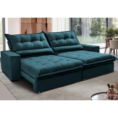 Sofa Retrátil e Reclinável 3,12m com Molas Ensacadas Cama inBox Soft Tecido Velusoft Petróleo