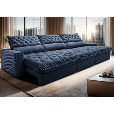 Sofá Retrátil e Reclinável 3,55m Molas Ensacadas Cama inBox Spazus com Bordado 3D Velusoft Azul
