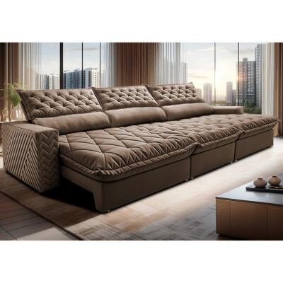 Sofá Retrátil e Reclinável 3,55m Molas Ensacadas Cama inBox Spazus com Bordado 3D Velusoft Castor