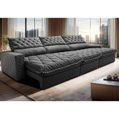 Sofá Retrátil e Reclinável 3,85m Molas Ensacadas Cama inBox Spazus com Bordado 3D Velusoft Cinza