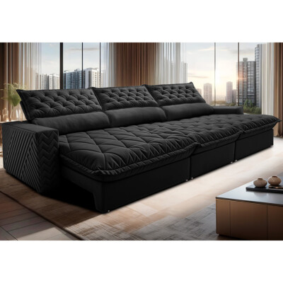 Sofá Retrátil e Reclinável 4,15m Molas Ensacadas Cama inBox Spazus com Bordado 3D Velusoft Preto