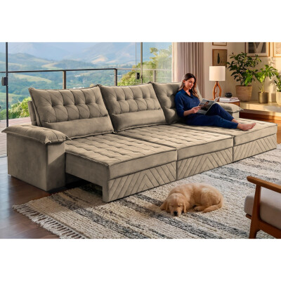 Sofá Retrátil e Reclinável 3,90m com Molas e Espuma D33 Thunder Velusoft Bege Cama inBox