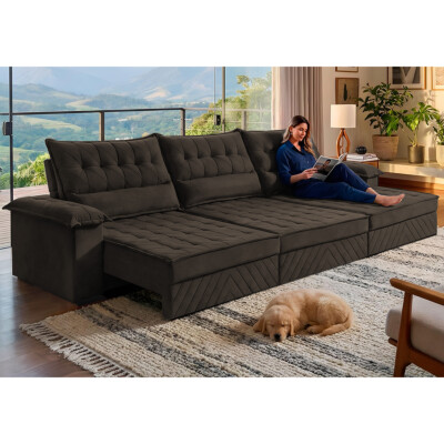 Sofá Retrátil e Reclinável 3,90m com Molas e Espuma D33 Thunder Velusoft Café Cama inBox