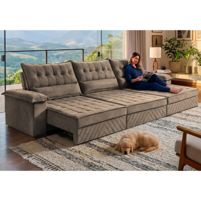 Sofá Retrátil e Reclinável 4,20m com Molas e Espuma D33 Thunder Velusoft Castor Cama inBox