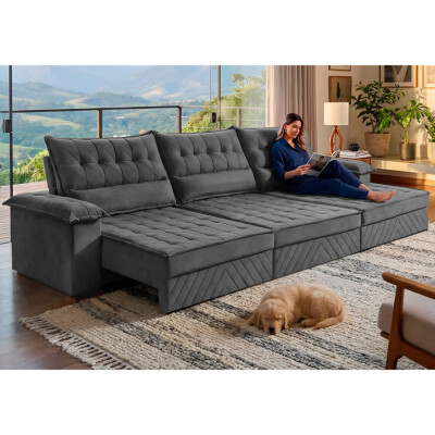 Sofá Retrátil e Reclinável 3,60m com Molas e Espuma D33 Thunder Velusoft Cinza Cama inBox