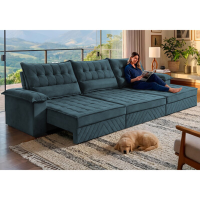 Sofá Retrátil e Reclinável 3,90m com Molas e Espuma D33 Thunder Velusoft Petróleo Cama inBox