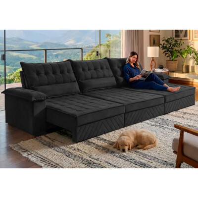 Sofá Retrátil e Reclinável 3,60m com Molas e Espuma D33 Thunder Velusoft Preto Cama inBox