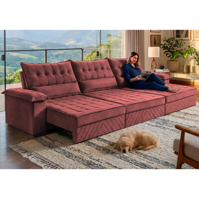 Sofá Retrátil e Reclinável 3,90m com Molas e Espuma D33 Thunder Velusoft Vermelho Cama inBox