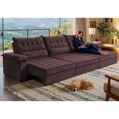 Sofá Retrátil e Reclinável 3,90m com Molas e Espuma D33 Thunder Velusoft Vinho Cama inBox