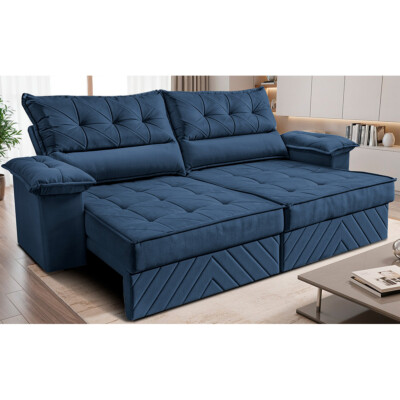 Sofá Retrátil e Reclinável 2,80m com Molas e Espuma D33 Thunder Velusoft Azul Cama inBox