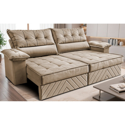 Sofá Retrátil e Reclinável 2,10m com Molas e Espuma D33 Thunder Velusoft Bege Cama inBox