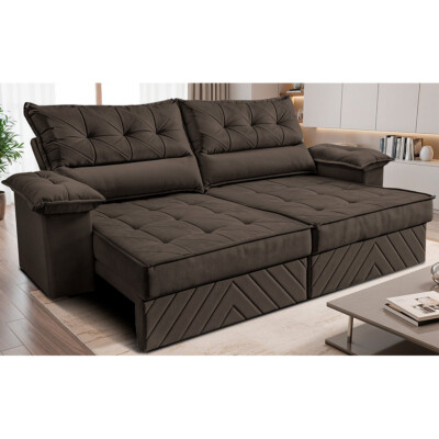 Sofá Retrátil e Reclinável 2,40m com Molas e Espuma D33 Thunder Velusoft Café Cama inBox