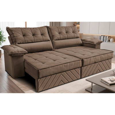 Sofá Retrátil e Reclinável 2,60m com Molas e Espuma D33 Thunder Velusoft Castor Cama inBox