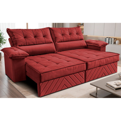 Sofá Retrátil e Reclinável 3,00m com Molas e Espuma D33 Thunder Velusoft Vermelho Cama inBox