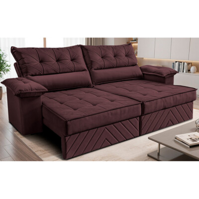 Sofá Retrátil e Reclinável 2,40m com Molas e Espuma D33 Thunder Velusoft Vinho Cama inBox