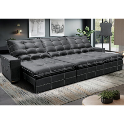 Sofá de Couro Legítimo Retrátil e Reclinável 3,55m Cama inBox Toro SoftGel D40 Cinza