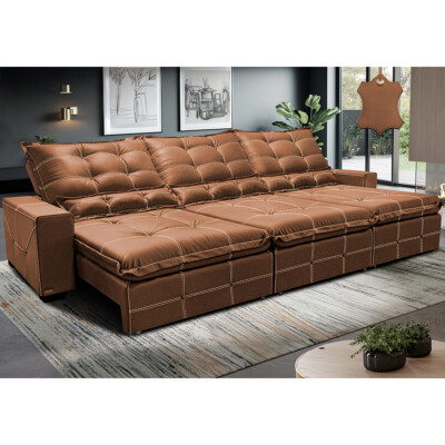Sofá de Couro Legítimo Retrátil e Reclinável 3,85m Cama inBox Toro SoftGel D40 Mel